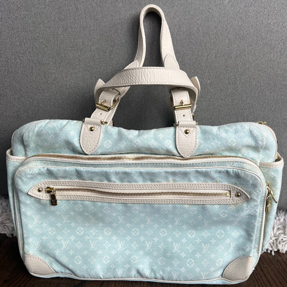 Louis Vuitton Light Blue Mini Lin Canvas Diaper Bag with monogram changing pad